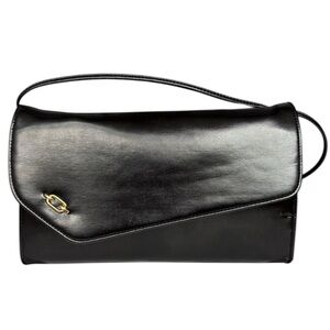 Vintage Black Leather Envelope Clutch Thin Crossbody Strap Minimalist Evening